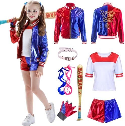 Amycute Déguisement Squad Costume, Cosplay Joker Queen Costume Tee Shirt Tenue Veste Tshirt Short Gants Perruque pour Carnaval Halloween (RougeBleu, 110CM)