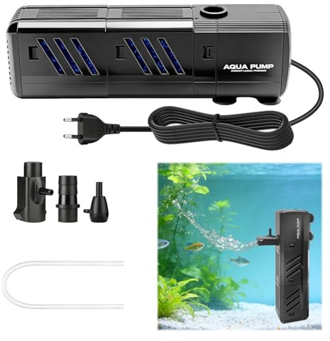 Filtre Aquarium, Pompe Submersible 4 en 1 Filtre d'aquarium 800 l/h pour 80-250 litres, Pompe de filtration pour aquarium, Débit Réglable Filtre Intérieur, 8W, pour Grand Aquarium, Bassin à Tortues