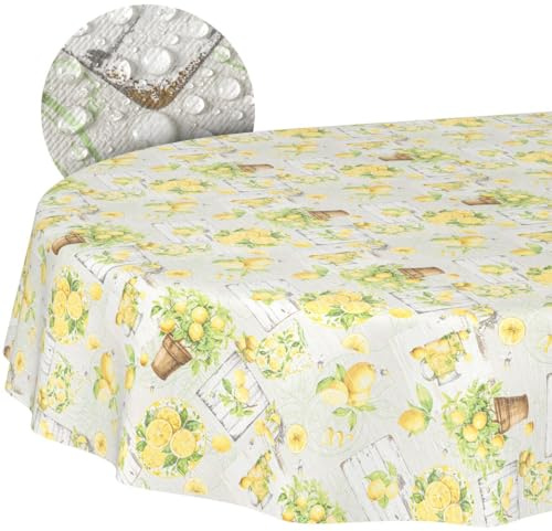 Vaxduk bordsduk tvättbar lättvårdad vattenavvisande lotuseffekt utomhus citron vaxduk trädgårdsduk citroner oval 160 x 140 cm skärkant