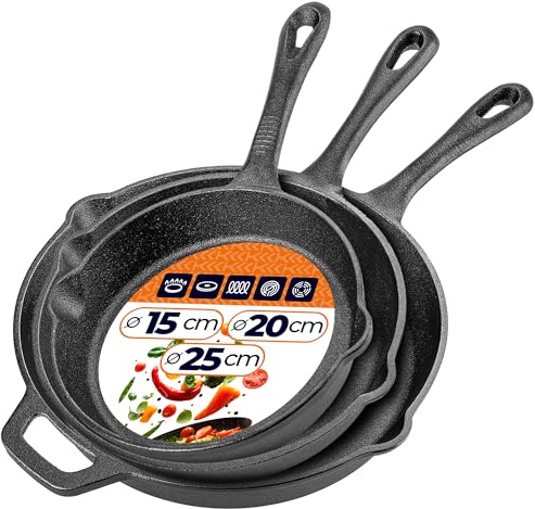 KADAX Gjutjärnspanna, set om 3 (15/20/25 cm), gjutjärnspanna, induktionslämpliga och ugnssäkra, gjutjärnspanna för induktion, gjutjärnspanna