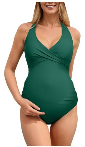 Maillot de Bain Maternité Une Pièce Monokini Push up Femme Enceinte Maillot col en V Grossesse de Bain Grossesse Bikini Maternité Enceintes avec Coussinet Froncé Plage Piscine Source Thermale Swimwear