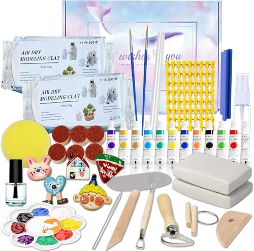 Kit de Arcilla de Secado al Aire Cerámica Fría para Adultos, Set DIY de Modelado en el Hogar para Principiantes, Masa Blanca 1kg Sin Hornear, Regalo Creativo para Mujeres Cumpleaños Navidad