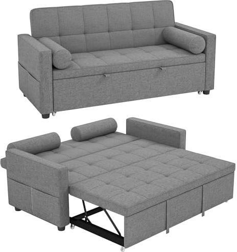 HOMCOM Sofá Cama 2 Plazas 3 en 1 con Respaldo Ajustable 6 Niveles Gris | Sofá Cama Deslizante, Tejido Lino, Bolsillos Laterales, 2 Cojines Fundas Extraíbles, para Sala de Estar, Espacios Pequeños