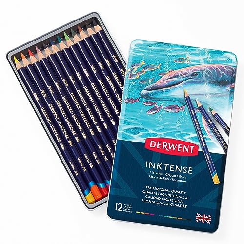 Derwent Inktense Permanent wasserlösliche Aquarellstifte, 12er Set in Metallbox, 4 mm Premium-Kernstärke, ideal zum Ausmalen, Malen und Basteln, professionelle Qualität (0700928)