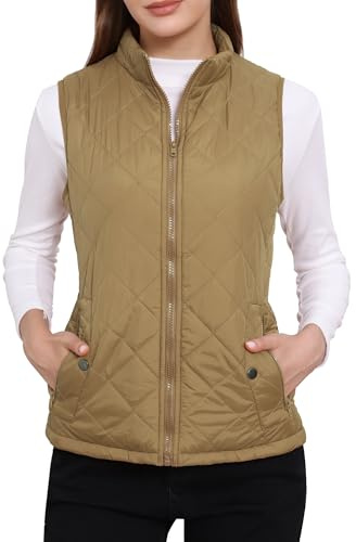 Allegra K Women's Body Warmer Stand Collar Lightweight Quilted Zip Jacket Gilet Khaki S
