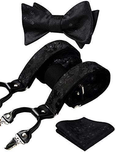 HISDERN Paisley Floral 6 Clips Suspenders & Bow Tie and Pocket Square Set Y Shape Adjustable Braces,Black,One Size