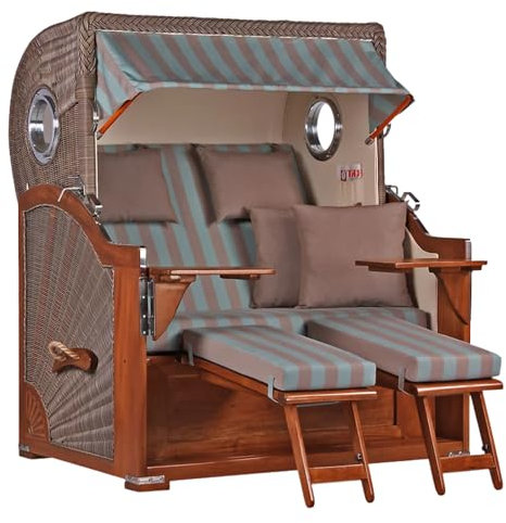 MR. DEKO® Strandkorb Baltikum 2,5-Sitzer Mahagoni | PE Geflecht Grey | Volllieger mit Bullaugen | je 2 Fußablagen, Kissen und Nackenkissen | Strandstuhl aus Mahagoniholz (Dessin 520)