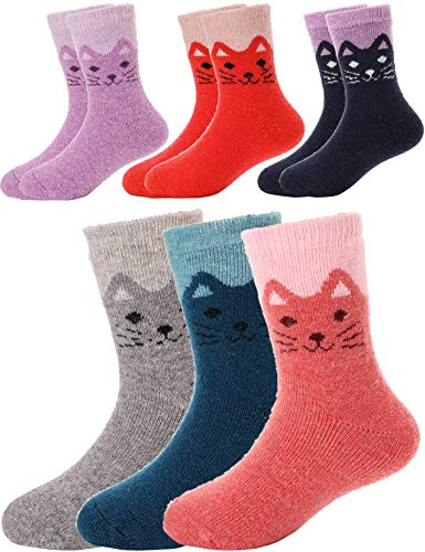 Sandsuced Kids Warm Merino Wool Socks for Walking Boys Girls Toddlers Thermal Winter Hiking Thick Heavy Cosy Stocking Fillers Kids Socks for Boys Girls Boot Cabin Crew Gift Socks 6 Pairs(Cat,8-12 Y)