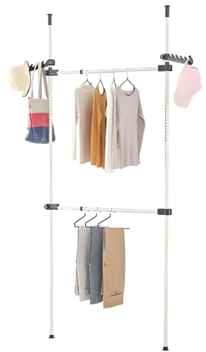 GOTOTOP Perchero de Ropa Telescópico Altura Ajustable, Barra Extensible de Suelo a Techo con 2 Travesaños para Armario y Vestidor