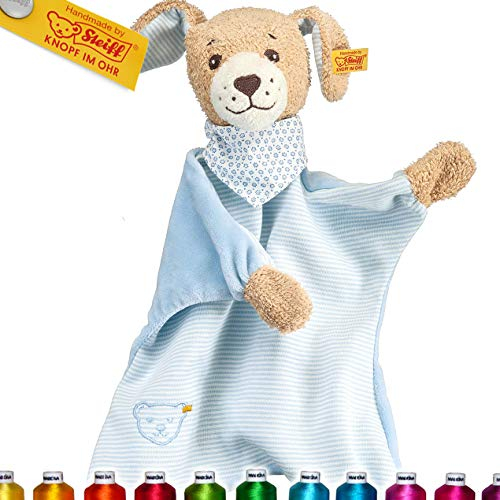 Birsppy Steiff Gute Nacht Hund Schmusetuch Bestickt mit Namen für Baby & Kinder personalisiert, Junge, Kuscheltuch 30 cm, 239694, Blau