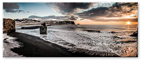 Glasbild Vik 50 x 125 cm I Meer Felsen Sonnenuntergang Natur Island Strand I Wandbild aus Glas I Bild Wohnzimmer Schlafzimmer Küche I XXL groß Querformat Sonnenstrahlen Küste