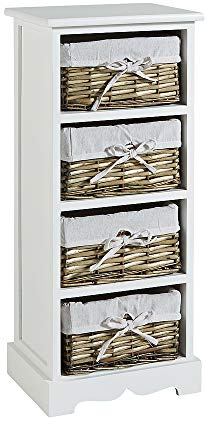 Home Source Bedroom Wooden Storage Unit, Woven Willow Wicker Baskets, 4 Drawer Cabinet Chest, White