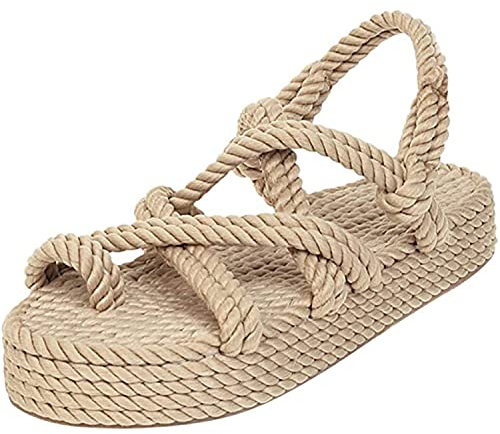 MIAOZHANG Sandali Larghi con Plateau per Donna Sandali con Fibbia in Corda Tinta Unita Cinturino con Fibbia Casual per Tutti i Giorni Sandali Intrecciati Estivi,Beige,EU 36
