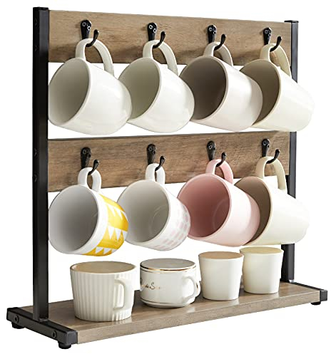 IBUYKE Rustic Coffee Mug Holder Stand, 2 Tier Countertop Mug Tree Holder Rack with Storage Base, Vintage Mug Holders for Kitchen, Holds 16 Mugs, Greige TBJ001Y