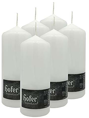 Hofer Bougie Piliers Cylindre - Lot de 6 Bougies - 80 x 200 mm - Couleur Blanche - Longue Durée de Combustion : 80 heures - Sans Gouttes, Sans Fumée, Non-Parfumée - 2 Paquets de 3 Unités - Qualité UE