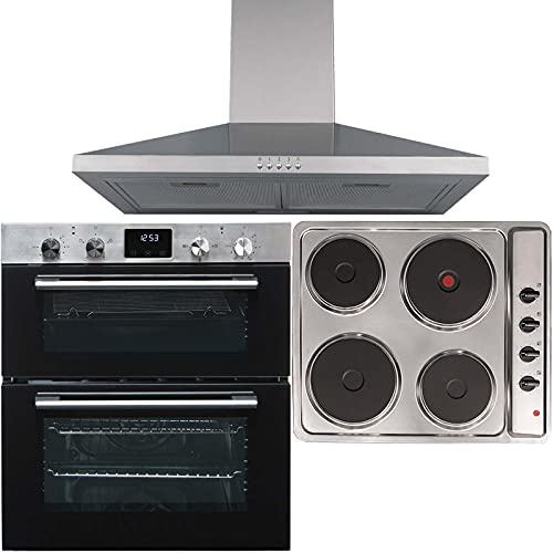 SIA 60cm DO111SS Stainless Steel Electric Double Built-under Fan Oven, PHP601SS Solid Plate 4 Zone Electric Hob & CHL60SS Chimney Cooker Hood Fan
