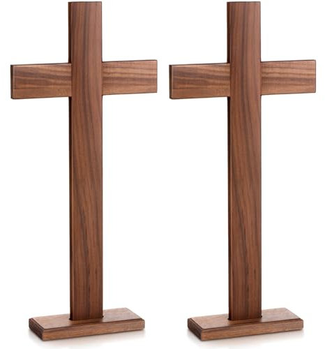 Wonderjune 2 Pcs 12 Inch Wooden Cross Wall Decor Nativity Christians Unfinished Wood Tabletop Cross Standing Crucifix Spiritual Religious Gift for Easter Church Baptism Home Farmhouse Decorations