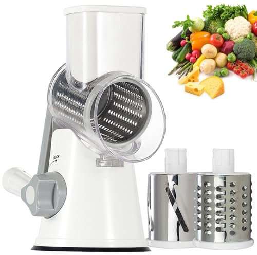 Käsereibe mit Kurbel,Gemüsehobel mit 3 austauschbaren Trommelklingen,Trommelreibe zum schnellen und einfachen Schneiden,Ideal für Käse,Gurken,Karotten,Nüsse uvm,Leicht zu bedienen reinigen (Weiß)