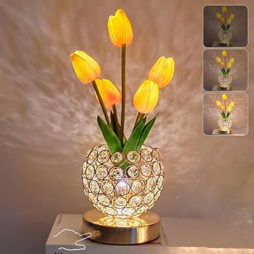 Wekity Lampade a forma di tulipano, 3 colori touch continui, luce notturna in cristallo, ricaricabile, fiore artificiale, lampada a LED con vaso, decorazione romantica per appuntamenti e feste a casa