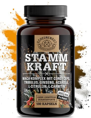 STAMMKRAFT® Maca Kapseln hochdosiert - WICHTIG: Studienbasiert kombiniert mit Cordyceps, Tribulus terrestris, Panax Ginseng, L-Carnitin & L-Citrullin -180 Kapseln- DE SCHEUNENGUT®