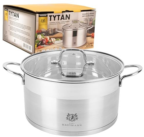 KARL HAUSMANN Pentola Acciaio Inox - 4.7L - 22 cm - Casseruola Induzione con Coperchio Vetro - Pentola Inox 18/10 - Scala Misura - Per Tutti i Fuochi - Pentole Acciaio Inossidabile