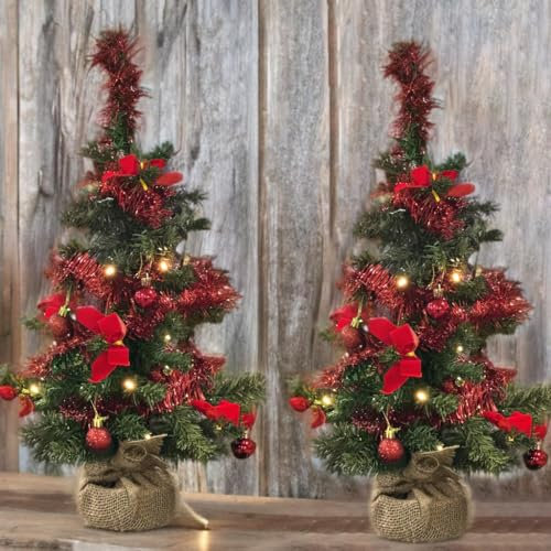 60cm Pre Lit Artificial Mini Christmas Tree with Lights and Decorations - 2Ft. Indoor Battery Operated LED Decorated Green Xmas Tree- Hessian Style Base (60cm) (Green and Red)