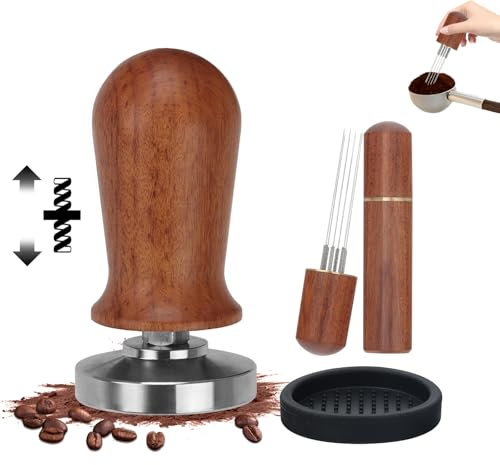 Foyucool Set de 3 Espresso Tamper, 51mm Poignée en Bois Presse à Café, WDT Outil 6 Aiguilles, Tapis en Silicone, Ressort Interne pour Presser Facilement, Acier Inoxydable Haute Résistance