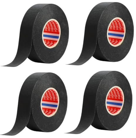 CATOR 4 Pièces Ruban de Câbles, 19mm x 10m scotch noir resistant Résistant à la Chaleur Rubans, Ruban Adhésif Isolant, ÉLectrique Bande Isolant en Tissu, pour Ménage Voiture Moto Faisceaux de Câbles