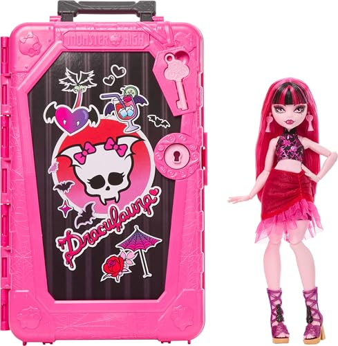 Monster High Skulltimate Secrets Draculaura Doll and Accessories Set, Destination: Gore-geous Oasis with Suitcase and 19+ Surprises Like Clothes