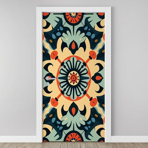 Sticker Porte Tribal Tradition Style Autocollants de Porte Rétro Abstrait 3D Amovible vert Orange Jaune Affiche Sticker Autocollants de Décoration Chambre Salon Cuisine Salle 77x200cm Q2k71