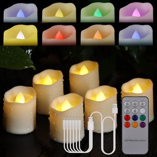 Porashine Velas de té recargables 6 unidades, LED, parpadeantes, blanco cálido/RGB, con mando a distancia, temporizador, USB, cable 3D, sin llama, para el hogar, habitación, mesa, decoración de