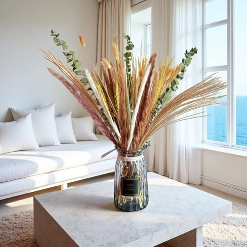 Erba di pampa, 53 pezzi, fiori secchi naturali, eucalipto, fiore di canna, per soggiorno, decorazione per la casa, matrimonio, fai da te, decorazione da tavolo da pranzo