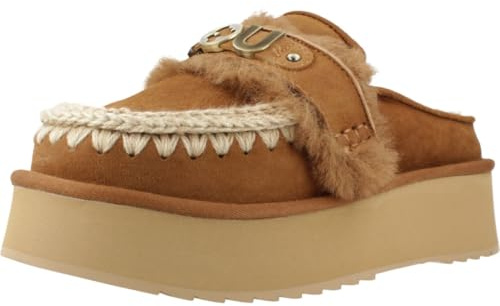 Mou Zuecos con Plataforma, Marrón, Gamuza con Forro de Piel, Suela Elevada, Hebilla Decorativa, Estilo Mocasín