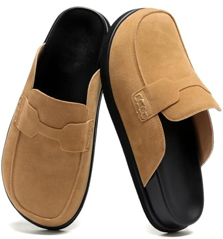 Zuecos de gamuza para mujer, plataforma cómoda, sin espalda, puntera cerrada, informales, antideslizantes, zapatos de meter, Brown, 36 EU