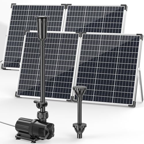 POPOSOAP Bomba solar para estanque de 100 W, fuente solar con flujo ajustable de 4500 l/h, bomba de agua CC, paneles solares dobles, 3 boquillas de pulverización para estanques de jardín, jardín