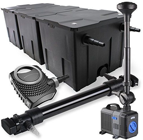 SunSun Komplettset: CBF-350C Teichfilter bis 90000L Teichfilteranlage Durchlauffilter, NEO10000 Teichpumpe 10000l/h 80W, CUV-672 Teichklärer UVC Klärer mit 72W, CTP-5003 Springbrunnenpumpe 5000l/h 30W