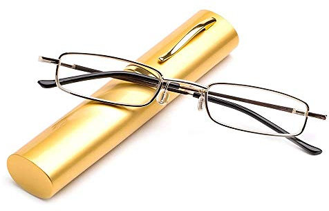 KoKoBin Lunettes de lecture flexibles en métal - Aide à la vue - Charnière à ressort - Unisexe - Lecteur avec étui à lunettes comme porte-stylo (or, 3,5)
