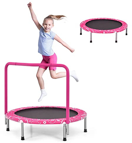 GYMAX Kids Trampoline with Handle, 36’’ Foldable Rebounder, Protective Cover, Outdoor Indoor Mini Trampolines for Children, Max Weight 150kg (Pink)