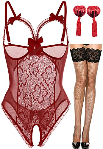 NLAND Conjunto de Lencería para Mujer Ropa Interior Suspender Backless Mesh Body de Encaje Bodysuit con Medias(Vino Rojo,Talla única)