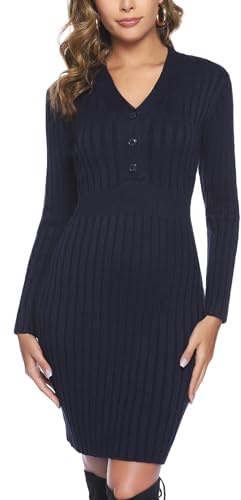 Wayleb Robe Pull Hiver Chic Femmes Hiver Élégant Robe en Tricot Automne Hiver Pull Robe Serré Col V Long Midi Chandail à Manches Longues Mince Chaud Officiel Décontracté