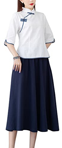 Women's Tang Dress Outfit Mandarin Collar Qipao Top Tea Length Skirt 19th Century Chinese Traditional School (White + Navy Blue, M)
