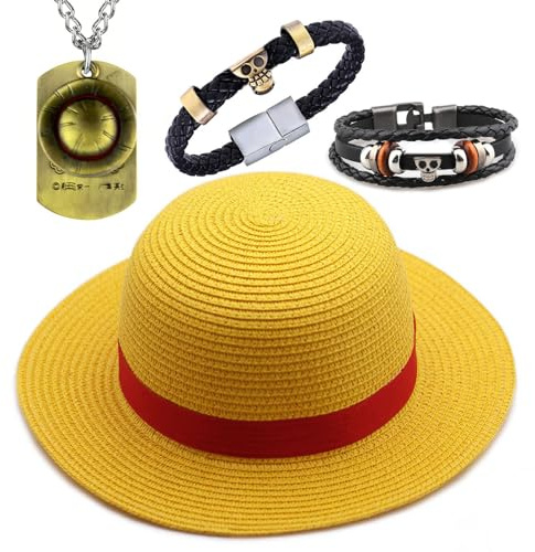 Chapeau de paille YouU pour cosplay, déguisement, fête - pour homme et femme - Chapeau de plage et de soleil Ruffy avec colliers, bracelets, bijoux animés OP. Ensemble de 24 pièces avec autocollants