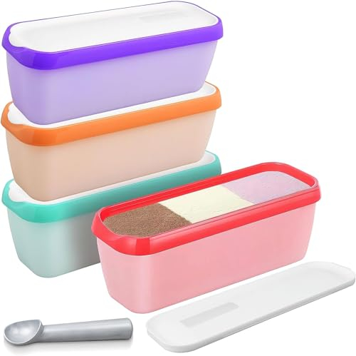 TESIN Ice Cream Containers 4 Pack 1.5Qt Freezer Storage Tubs with Silicone Lids and Spoon for Homemade Ice Cream for Homemade Ice Cream, Sorbet Dishwasher Safe