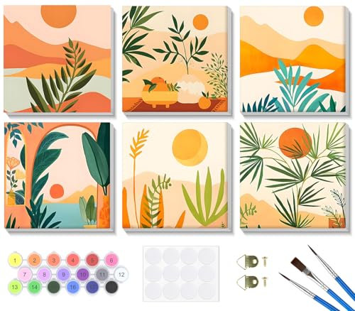 SENQAO 6 Stück Malen Nach Zahlen Erwachsene mit Rahmen, Malen Nach Zahlen Landschaft, Diy Set Erwachsene mit Pinseln und Acrylfarben Handgemalt Ölgemälde Leinwand für Home Décor, 20x20 cm