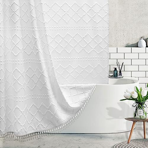 Stall Boho vitt vävt tyg duschdraperi med tofsar 54 x 72 modernt bondgård minimalistiskt tuftat Chevron randig shabby chic strukturerad, vattentålig gardin för badrum, hotelldekor