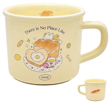 TREEWOO Kawaii Anime Cartoon Kaffeetasse, süße cremige Farbe, Häschen-Toast-Muster, 380 ml, schöne Keramik-Teenager-Tasse für Frühstücksmilch