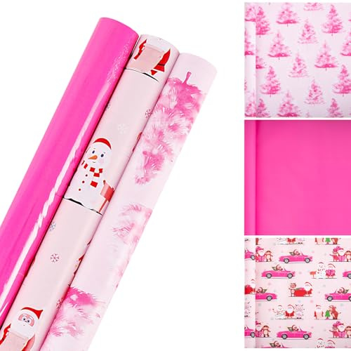 Rotolo di carta da regalo in carta kraft, per regali di compleanno, decorazioni natalizie, 3 rotoli, 43 cm x 300 cm per rotolo (rosa)