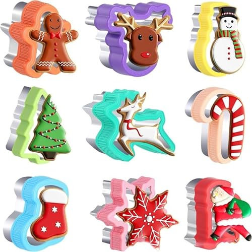 9 Stück Weihnachten Ausstechformen Set,Keksausstecher Weihnachten mit PP-Edelstahl Plätzchenausstecher zum Backen,Lebkuchenmann,Weihnachtsbaum,Schneeflocke,Schneemann,Weihnachtsmann,Rentier