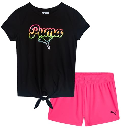 PUMA Sport-Shorts-Set für Mädchen, 2-teiliges Active-Performance-T-Shirt und Fitness-Bike-Shorts, Sportbekleidungsset für Mädchen (7–14), Puma Schwarz/Fuchsia, 8-10