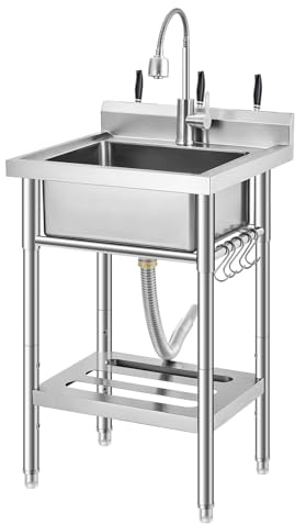 GarveeTech Commercial Stainless Steel Utility Sink with Faucet, Freestanding Laundry Sink with Adjustable Legs, Storage Shelf, Hooks, Backsplash, Hot & Cold Water for Kitchen, Garage, Outdoor, Farm